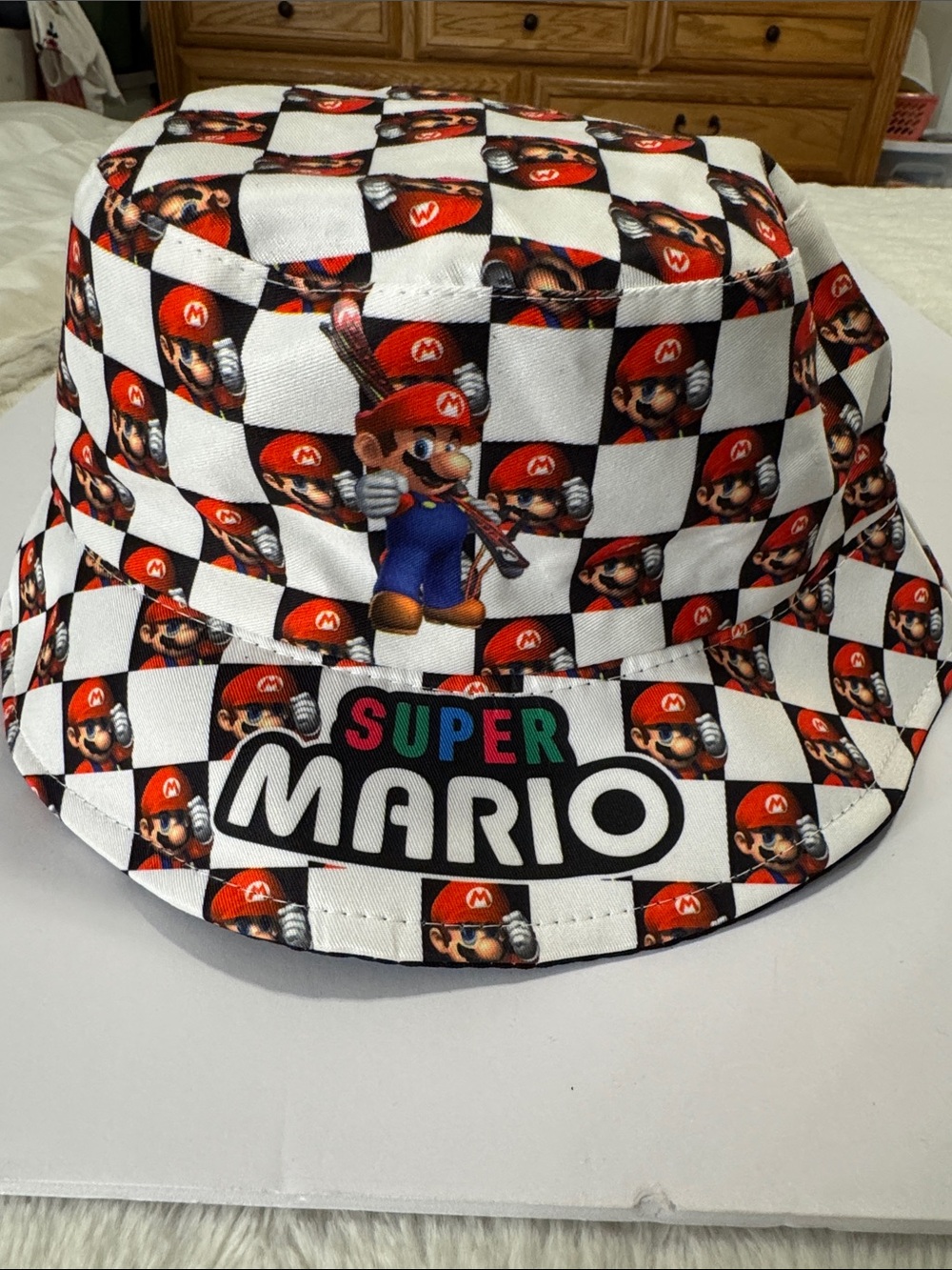 Nintendo Super Mario Checkerboard Bucket Hat in Red, Black, White